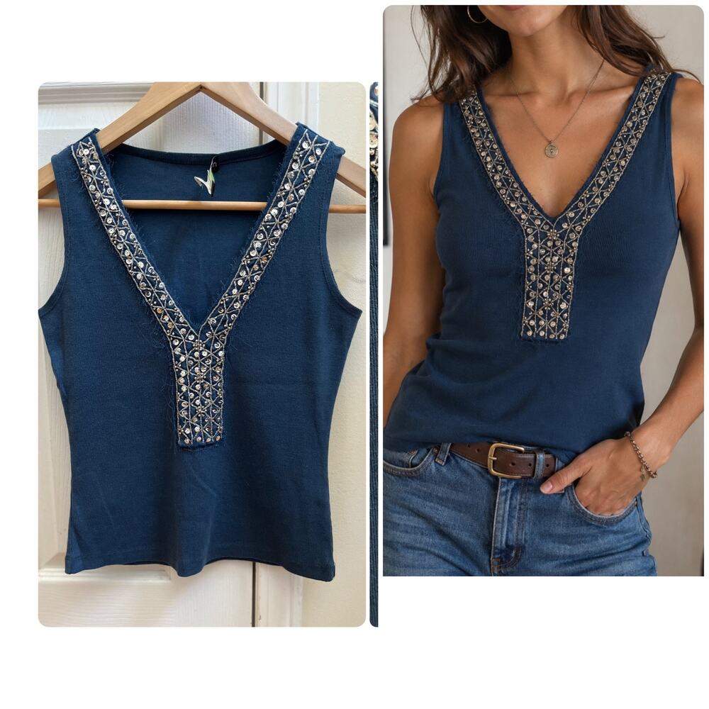 Y2K Gracia Fashion Blue Ribbed Fringe Deep V Neck Beaded Sequin Tank Top Large